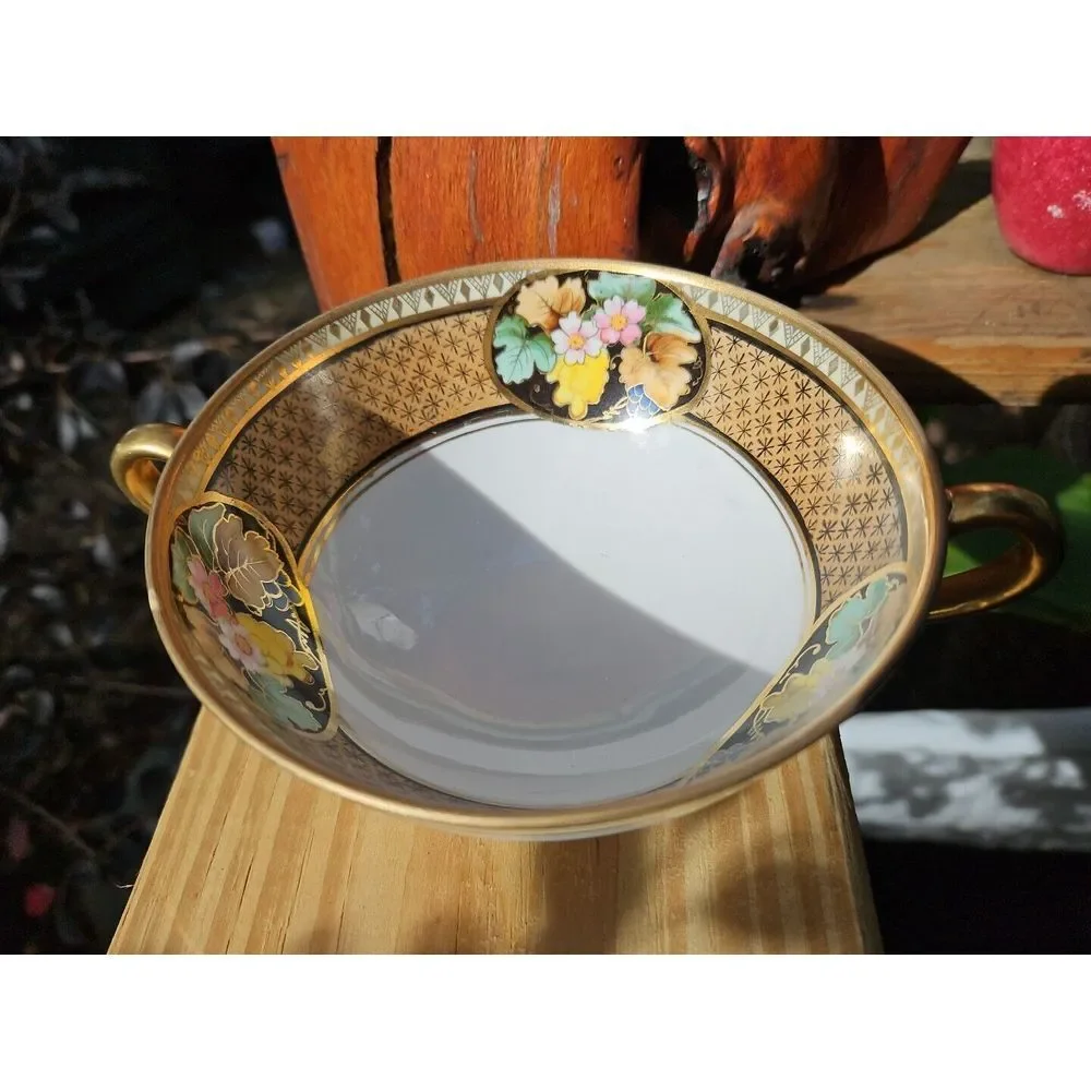 Hand Painted Nippon BLACK‎ GOLD Floral Footed ART DECO Berry Bowl Morimura